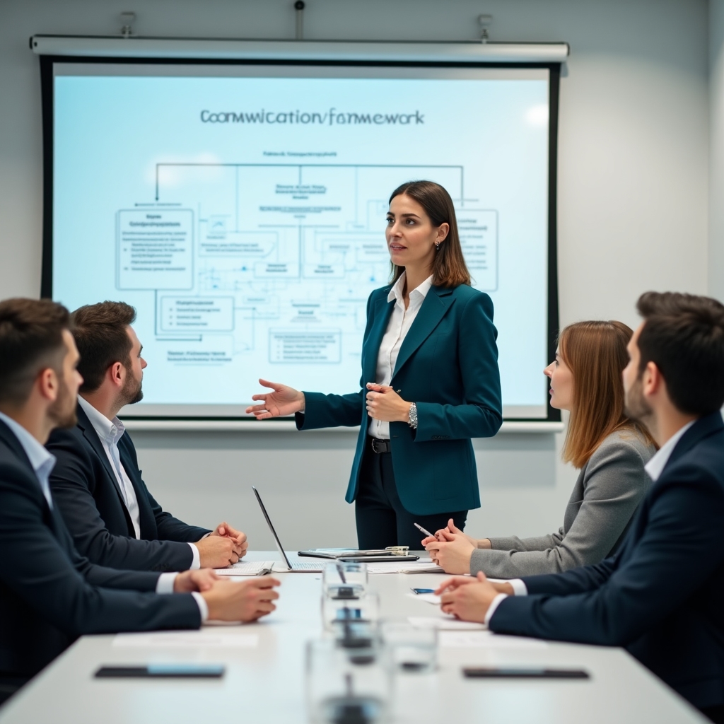 Profesionist prezentând în fața unui grup corporativ