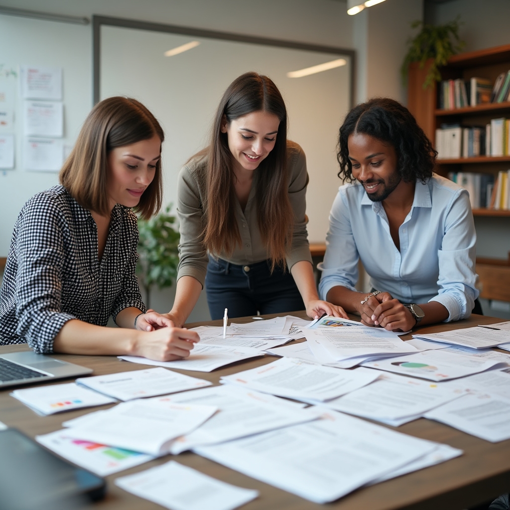 Echipă de facilitatori discutând materiale de formare profesională